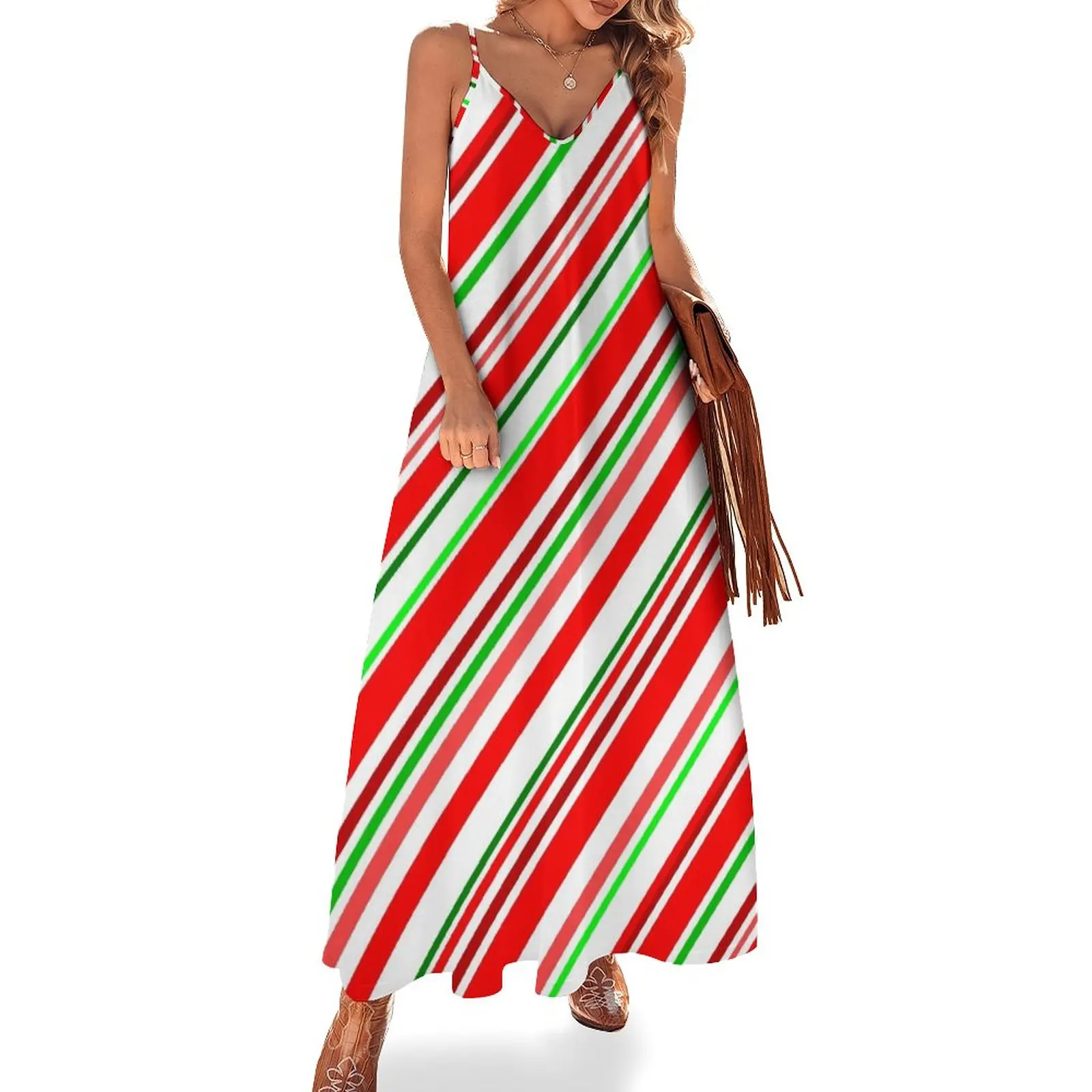 

Candy Cane Stripes Red Green White Sleeveless Dress women's summer dresses 2023 luxury dresses