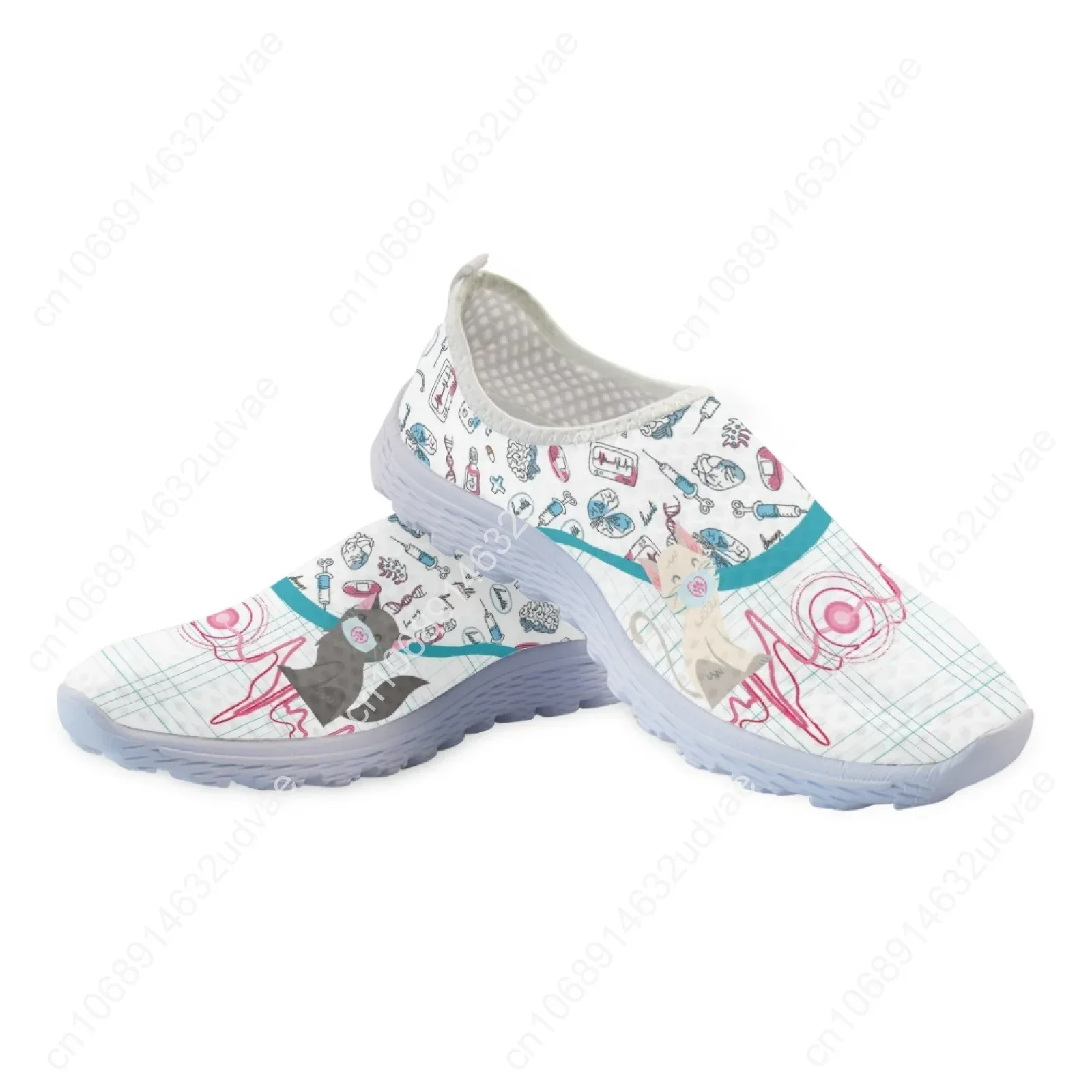 Cute Cat and Medical Tools Cartoon Female Flat Shoes ECG Cats With Mask Printed Women Mesh Sneakers Slip-on Loafers
