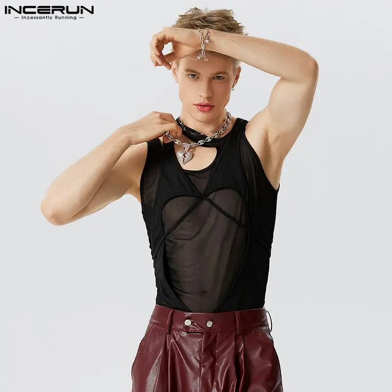 Fashion Casual Style Mens Homewear INCERUN Hollow Design Bodysuits Sexy Male See-through Thin Two Piece Triangle Jumpsuits S-5XL