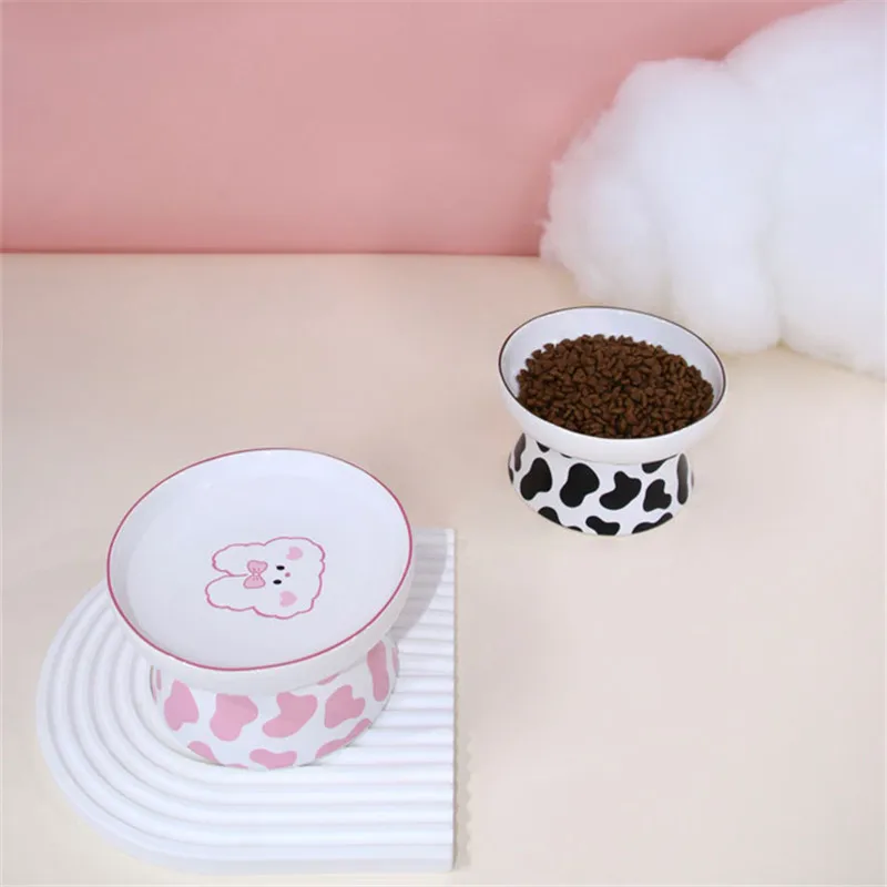 

New Cute Ceramic High-foot Pet Bowl Rabbit/Dog Pattern High-grade Neck Protection Anti-overturn Dog Food Bowl for Cats and Dogs