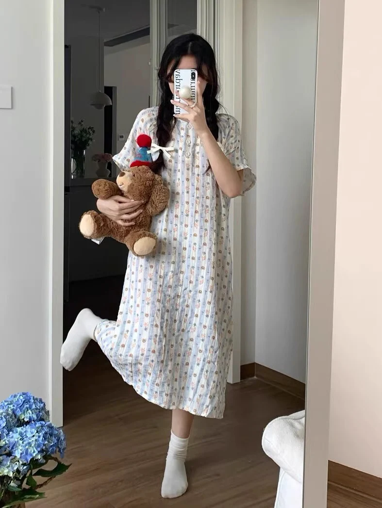 Korean Sle Cute Bear Summer Spwear Women's Thin Pure Cotton Nightgown Loose Large Size Home Clothes Sweet Sle Print