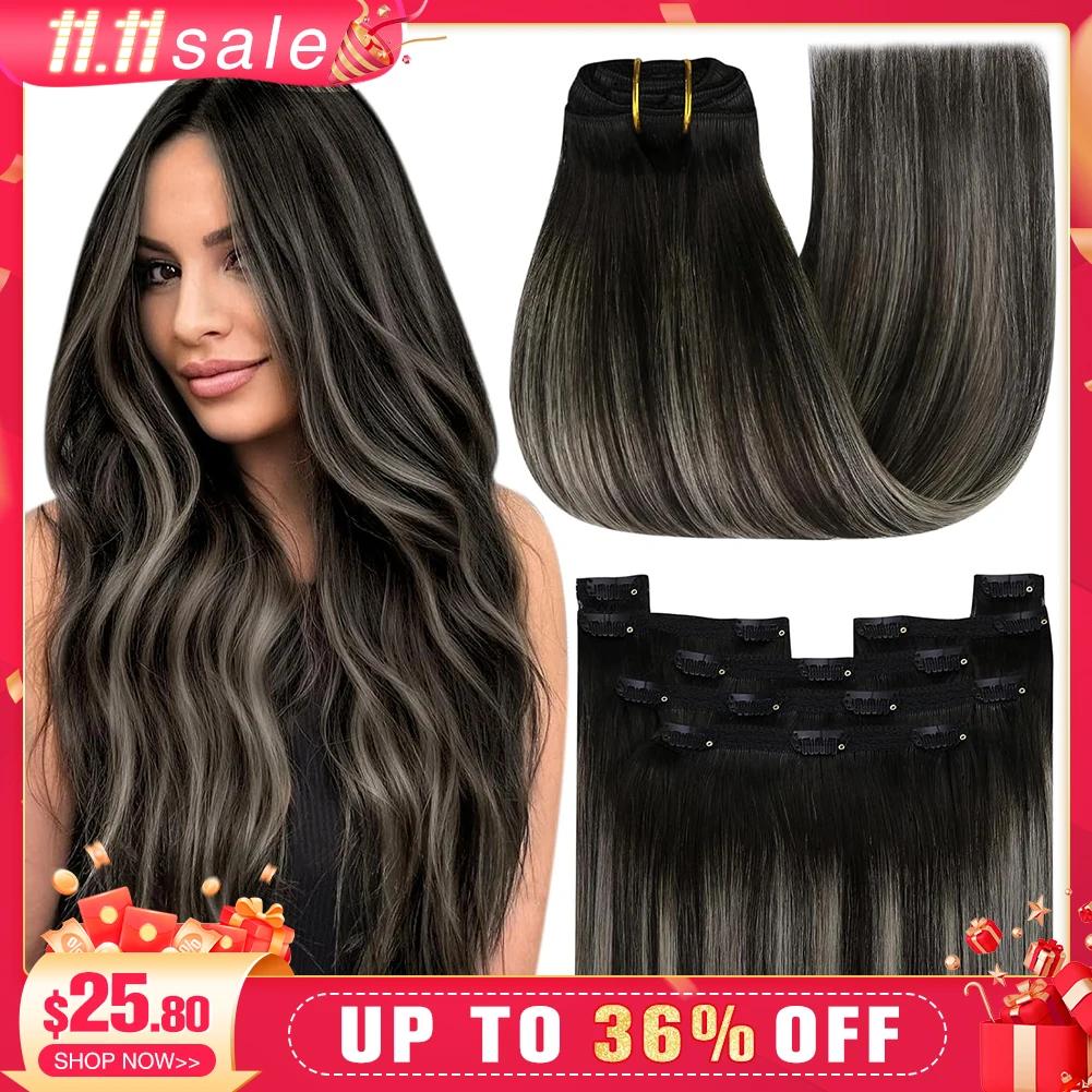 YoungSee Ombre Black Clip in Hair Extensions with Lace Blend of Black and Silver with Roots Human Hair For Salon 7Pcs 120G human hair extensions