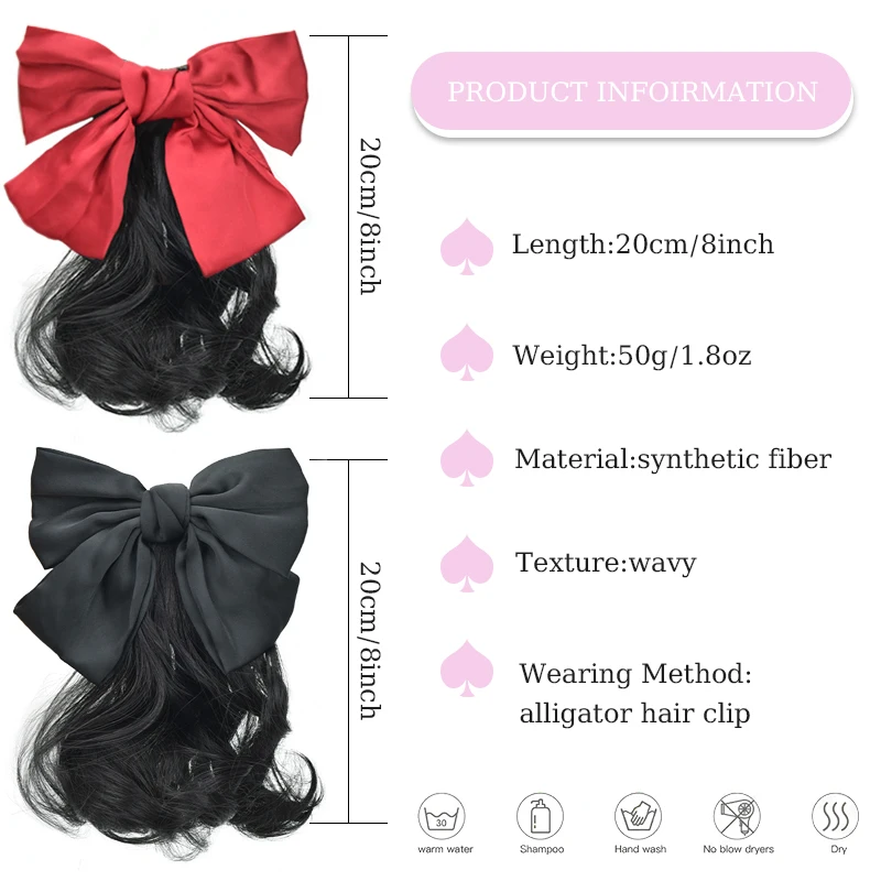 Synthetic Wavy Hair Ponytail Extensions Kids’ Bow Wig Clip Short Wavy Ponytail Hairpiece with Red&Black Bow for Kids Daily Use