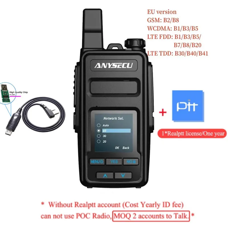 Anysecu 4G Netwerk Radio Gt500 1.4 Inch Linux Systeem Werken Met Real-Ptt Lte Wcdma Walkie Talkie Met Beidou Gps