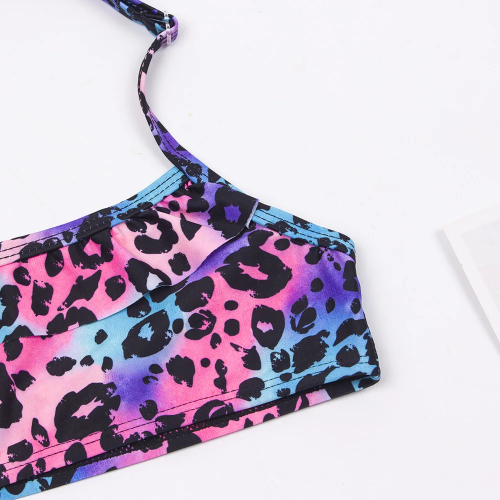 girls swimsuit 7-14 years falbala leopard print girls kids swimsuit swimwear kid summer bikinis set children halter biquini swimming suit