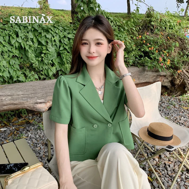 

SABINAX Women's Blazers Spring Summer Korean Drape Solid Pink Short-sleeved Suit Short Jacket Black Coat Women's Clothing