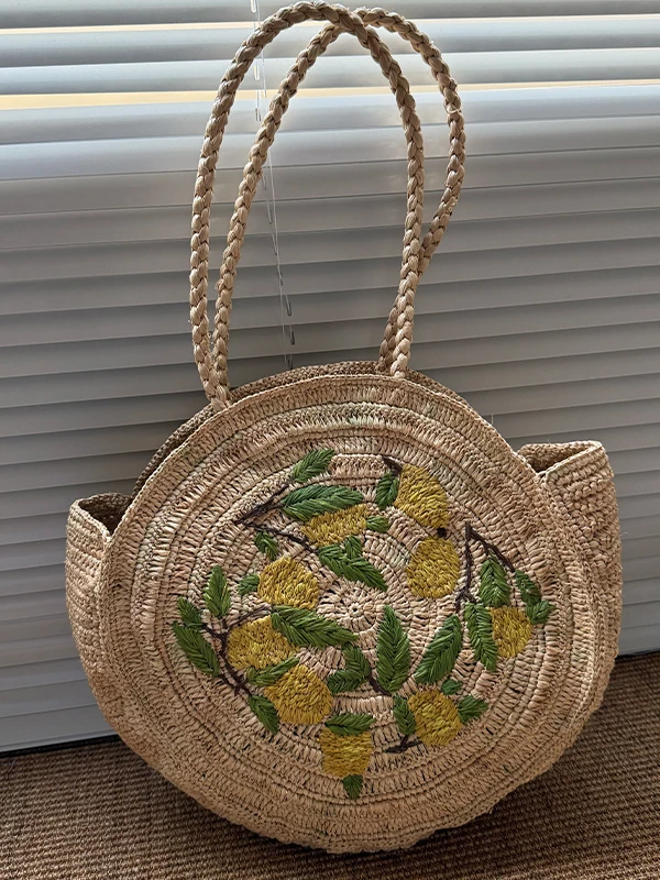 Fashion Lafite Lemon Pattern Straw Women Handbags Round Woven Hand Bags Handmade Summer Beach Bag Large Tote Purses