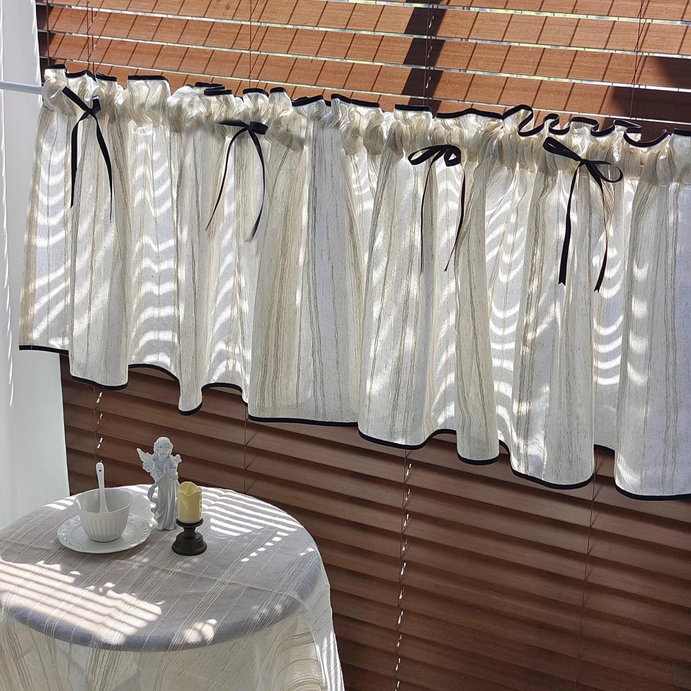 1 Adet, Rustik Suni Keten Dokulu Siyah Yay Halat Dekor Işık Filtreleme Mutfak, Yemek Dolapları ve Kapılar için Kısa Perdeler