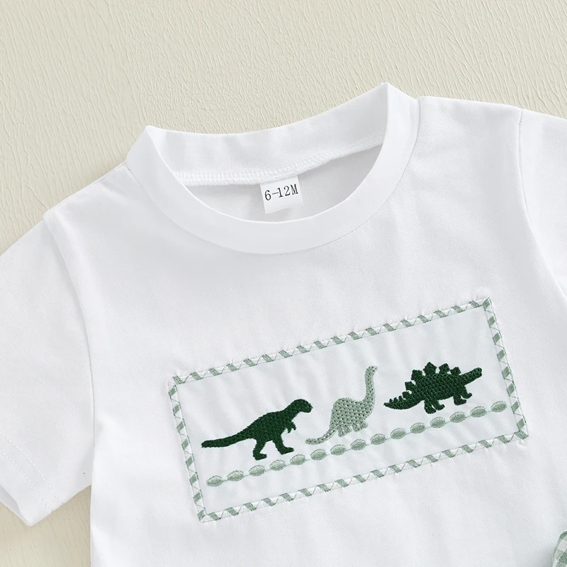 Toddler Baby Boy Summer Outfit Dinosaur Pattern Crew Neck Short Sleeve T-Shirt with Plaid Shorts 2 Pcs Kid Boys Clothes Set