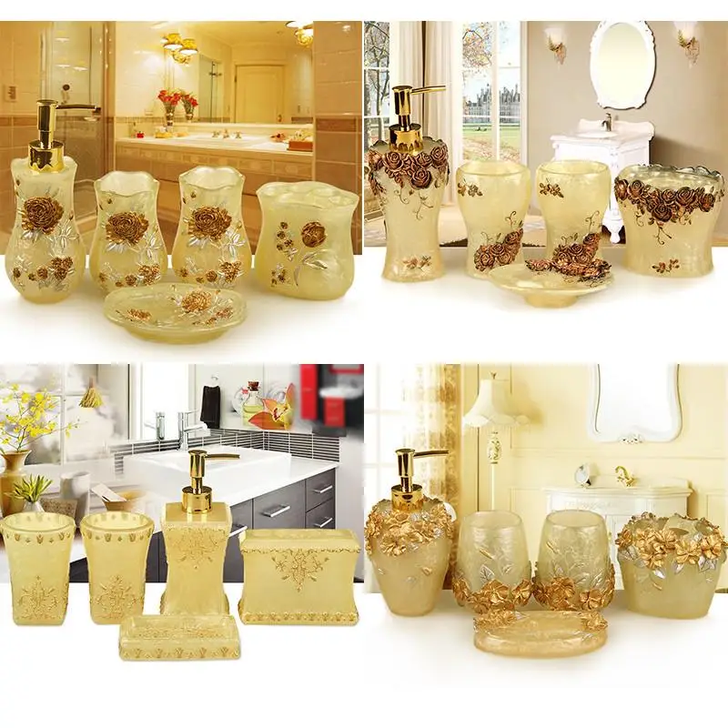

WSHYUFEI European Resin Bathroom Set Household Five-piece set Soap Dispenser Tooth Brush Holder Cup Soap Dish plastic Tray