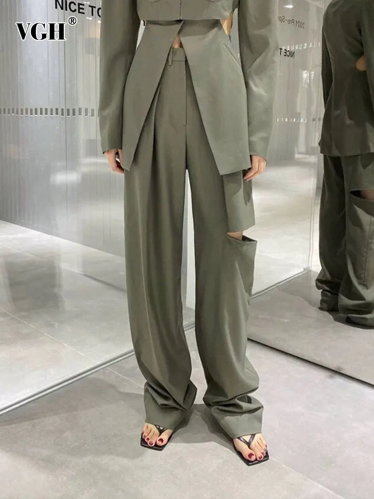 

Женские однотонные брюки с вырезами VGH, облегающие Прямые повседневные широкие брюки с высокой талией, Модная стильная одежда для лета