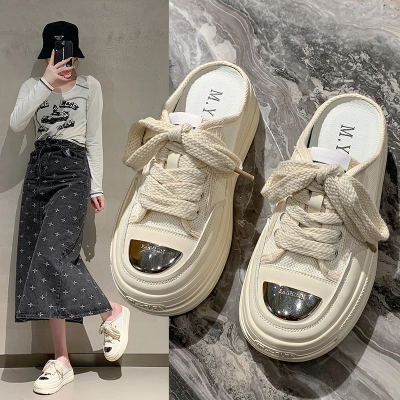 

Fashion Women's Slippers Spring Autumn Baotou Half Style Lace-Up Casual Canvas of Women Ladies Shoes