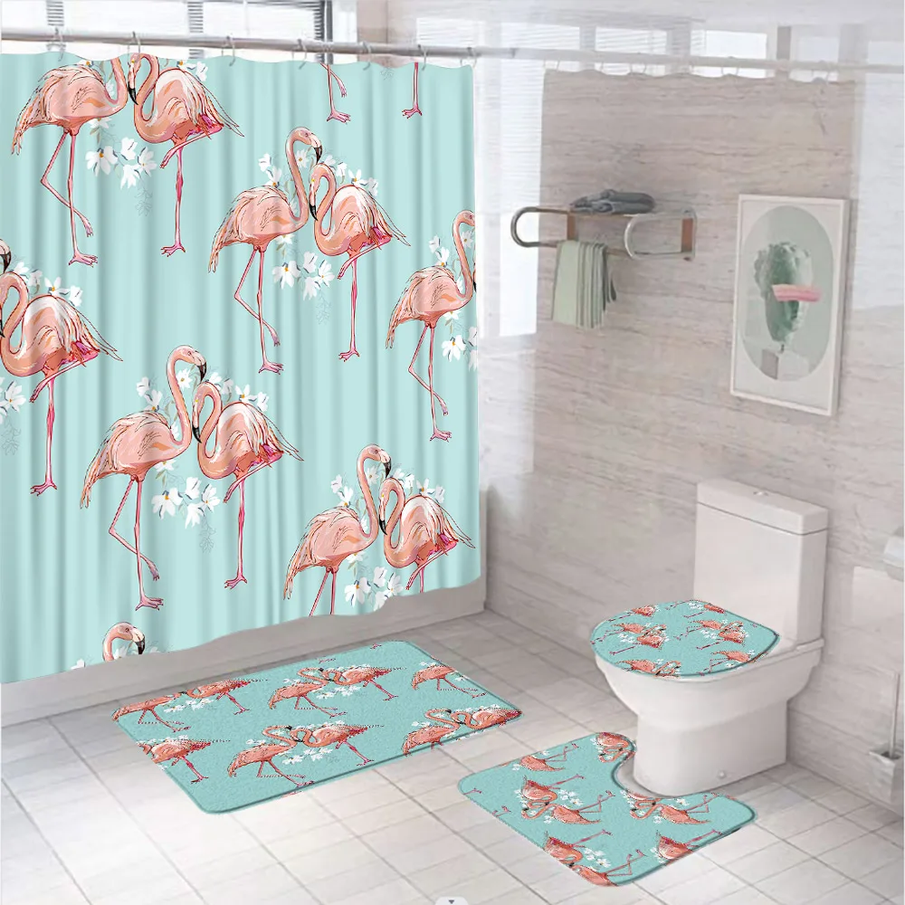 4Pcs Pink Flamingo Shower Curtain Sets Tropical Plant Botanical Flowers Animal Bathroom Curtains With Bath Mat Rug Toilet Cover