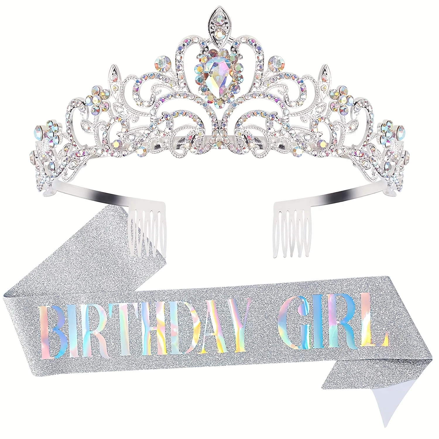 Birthday Crown Bling Rhinestone Crystal Tiara Sash Women Party Decoration Kit