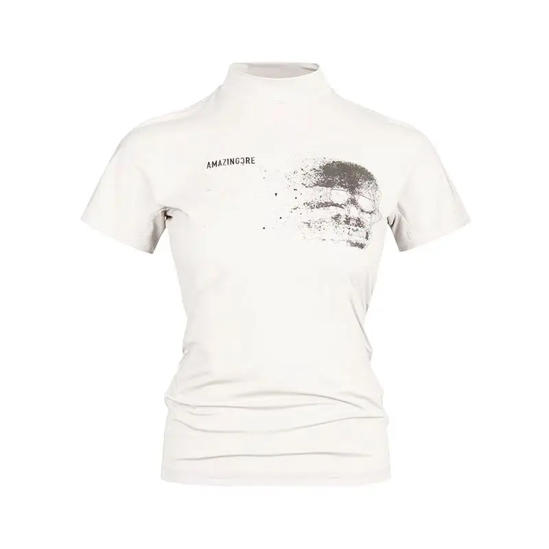 AMAZINGCRE New Women's Golf Clothing Simple Slim Letter Print Quick-drying Stand-up Collar Short-sleeved Top