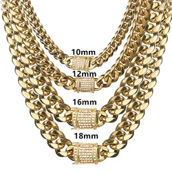 Stainless Steel Cuban Link Chain Necklace with CZ Zircon Box Lock - Hip Hop Style (14mm wide)