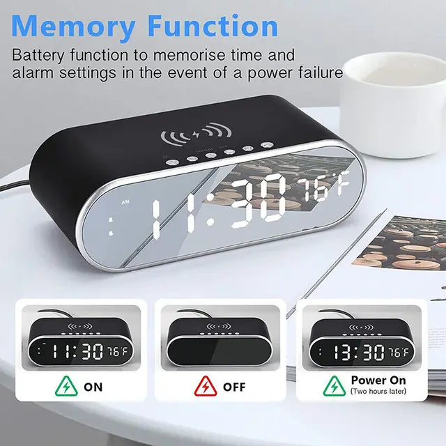 Új Digitális Ébresztőóra Vezeték Nélküli Töltés Qi Kompatibilis Aranyos Csendes Tükör Óra Student Desktop Led Elektronikus Felnőtt Számára - Image 2