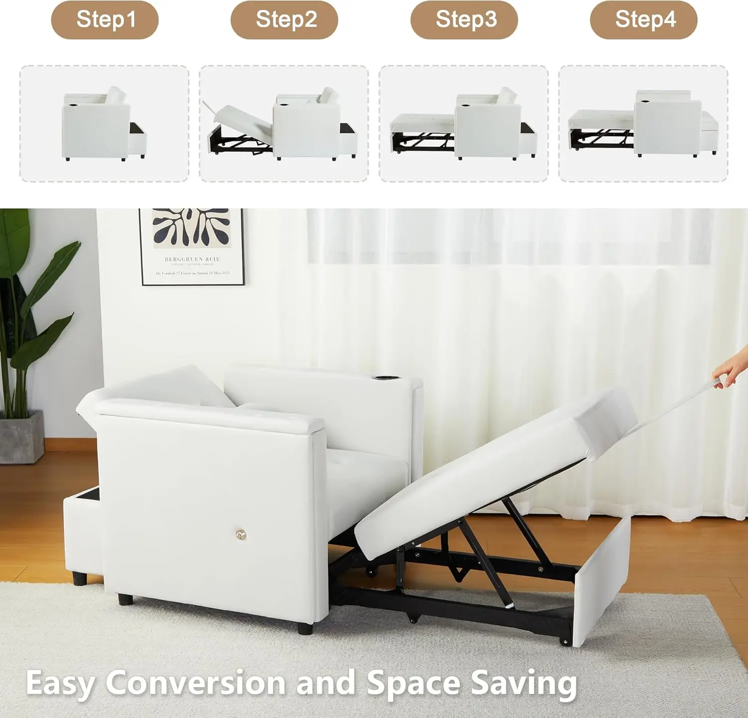 Velvet Convertible Chair Bed, 3 in 1 Multi-Functional Lounge Chair Sleeper, Pull Out Couch Guest Bed with Hidden Table and 5