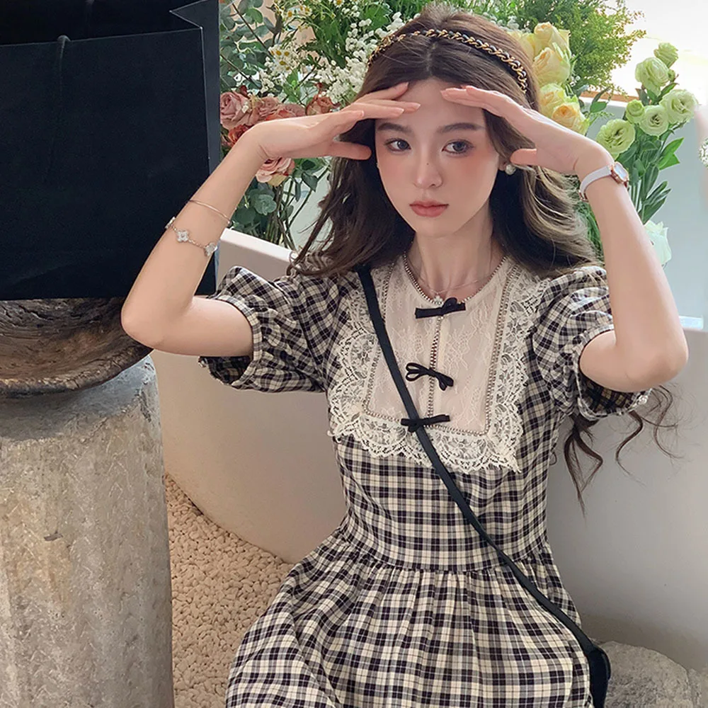 

French Vintage Plaid Mini Dress Women Fashion Bubble Sleeve Pearl Rhinestone Princess Dress Ladies Kawaii Lace Bow Robe vestidos