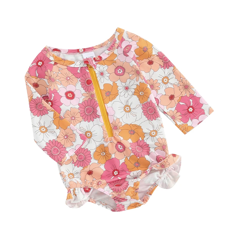

Toddler Baby Girl Swimsuit Floral Long Sleeve Zipper Ruffle Bathing Suit UPF 50 Sun Protection Rash Guard Swimwear