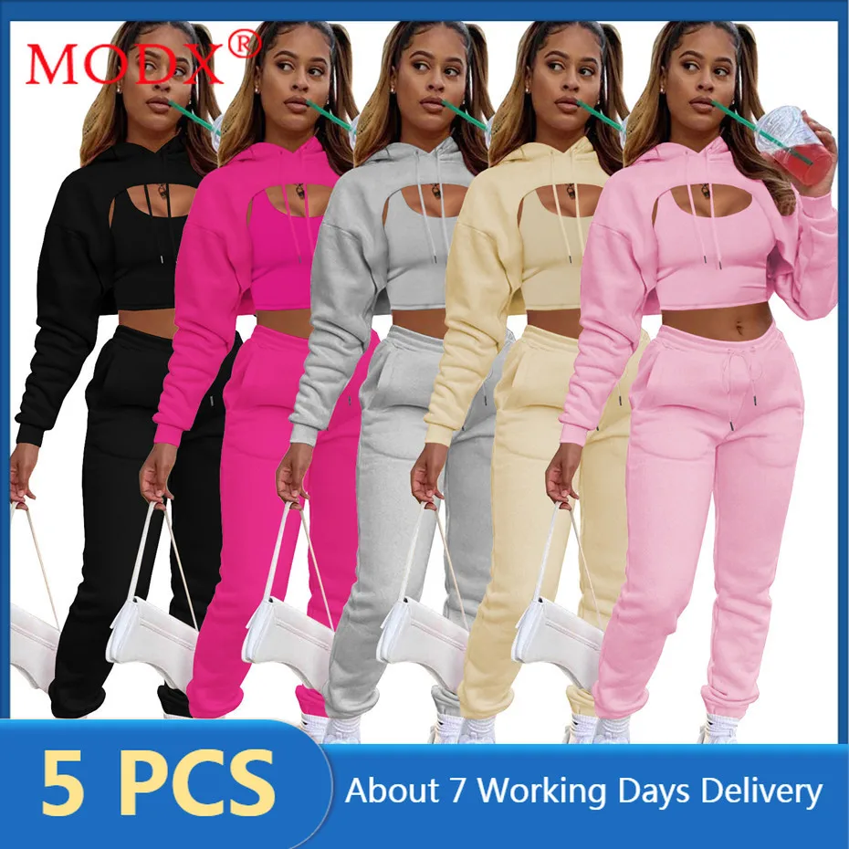 Fall Women Sweatsuits 3 Piece Set Outfits Cotton Vest + Brushed