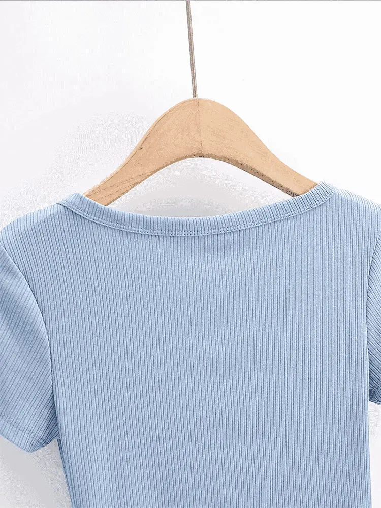 Women Rib Button Through Short Sleeve Top