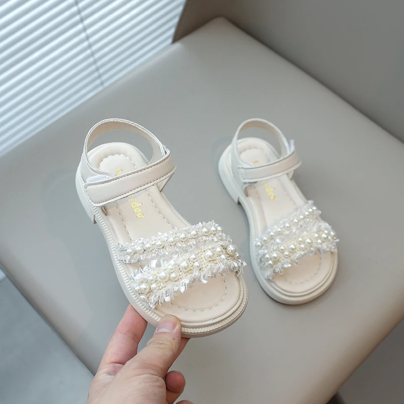 Girls Princess Sandals Chic for Wedding Party Pearls Beads Classic 2024 Summer New Kids Rubber Sandals Open Toes Soft Anti-skid