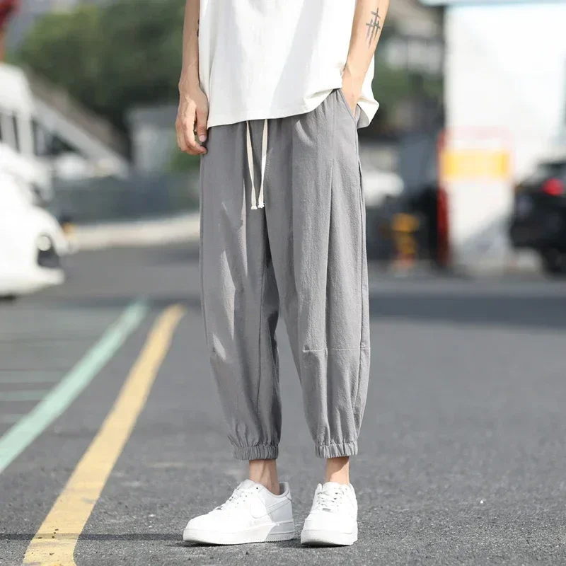Summer Loose Thin Linen Shorts Men's Oversized Wide Leg Casual Pants Harlan Cotton Linen Cropped Pants