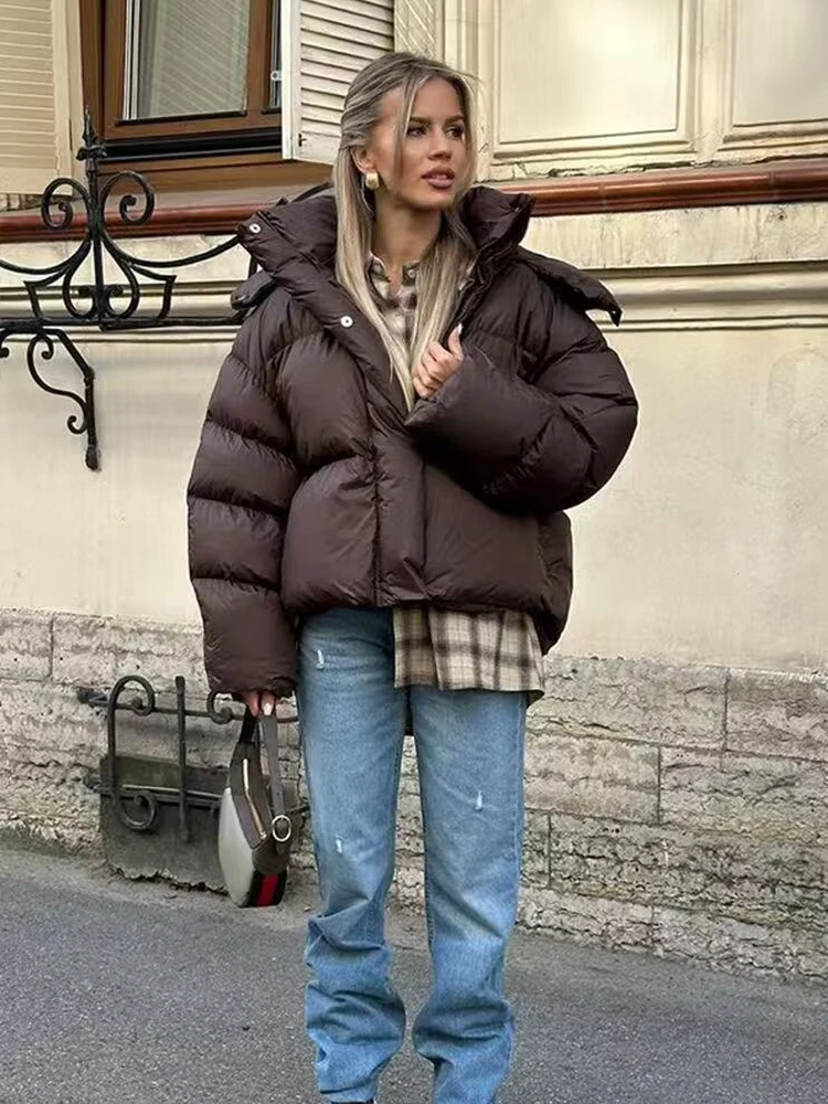 Women Brown Hooded Winter Jackets Fashion Long Sleeve Zipper Button Thick Loose Short Parka Coats Lady Casual Street Outwear