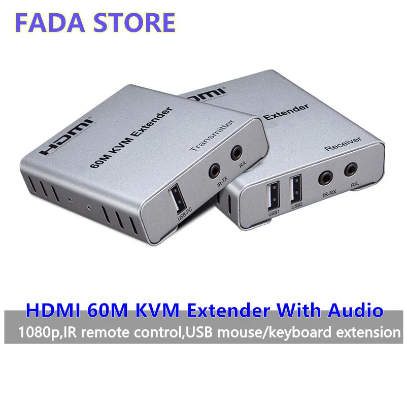 

KVM HDMI Extender 60m USB mouse/keyboard Extension by Cat5/6/RJ45/LAN/UTP Network cable,IR Control,TX/RX 3.5MM R/L Audio output