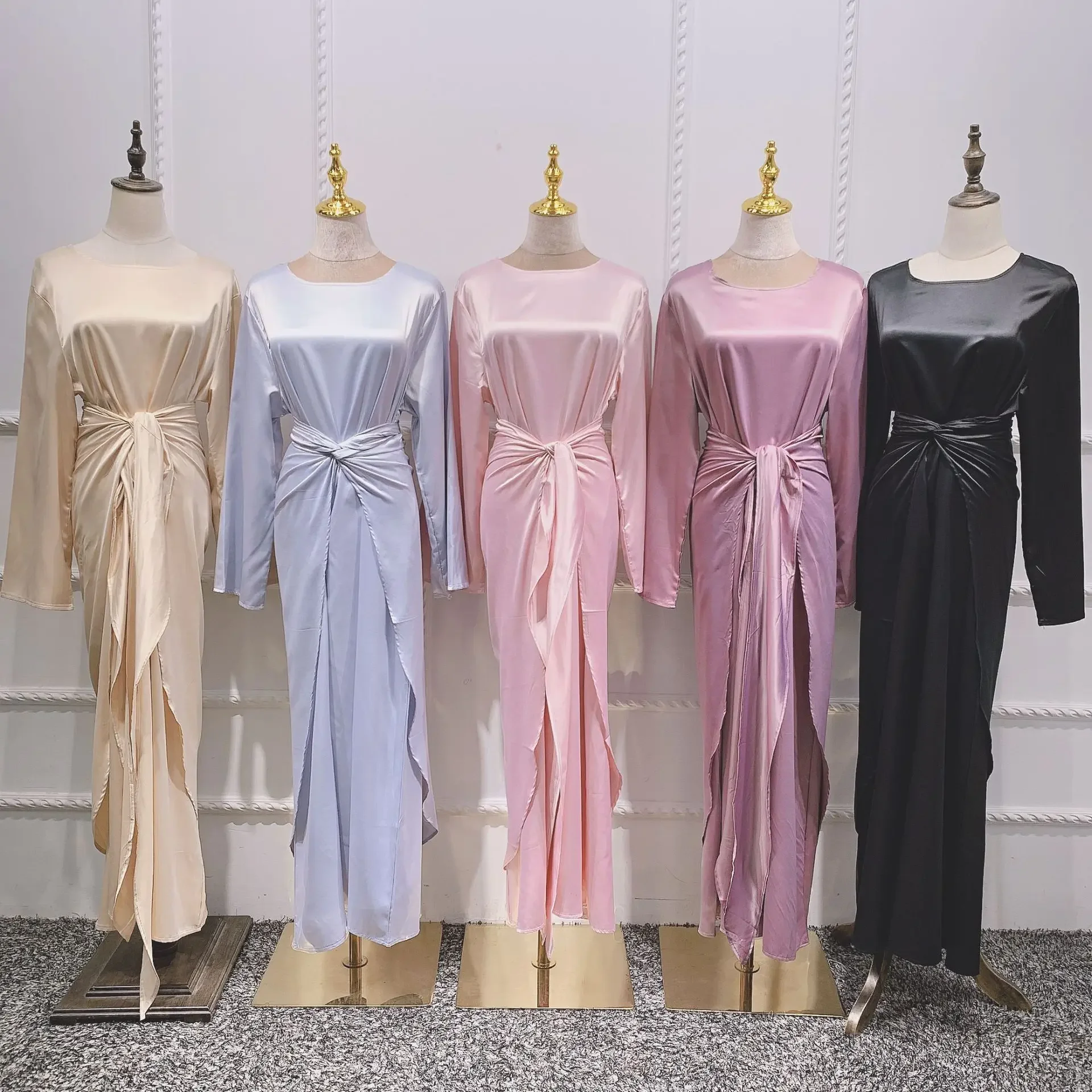 3 Piece Satin Abaya Kimono Muslim Sets Abayas for Women Dubai Turkey Hijab Dress Wrap Skirt Islamic Outfit Ensembles Musulmans
