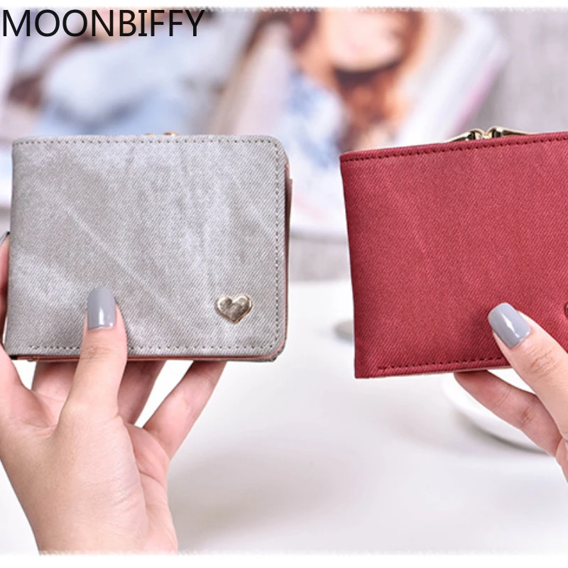 

Small Walllet for Women Card Holder Multi-function Coin Purse Heart Decoration Large Capacity Wallets Card Case Money Bag Denim