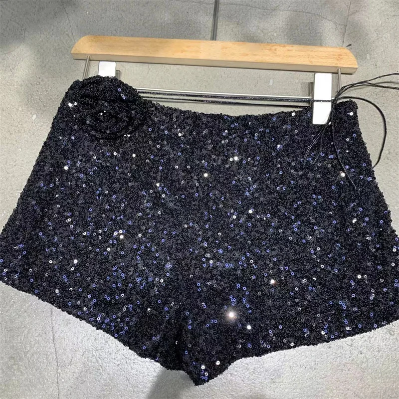 2024 Spring And Summer Sequined Shiny Heavy-Duty Zipper Nightclub Socialite Shorts Trendy Sexy Versatile Black Booty Pants Women
