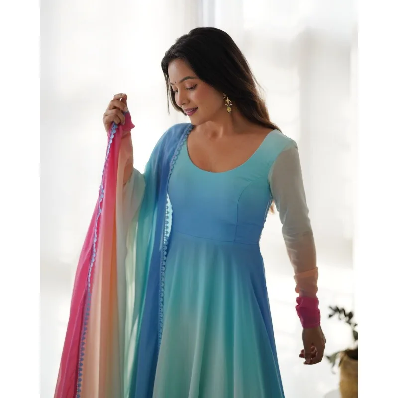 Pakistani Salwar Kameez Wedding Suit Blue Gradient Long Sleeved Round Neck Dress