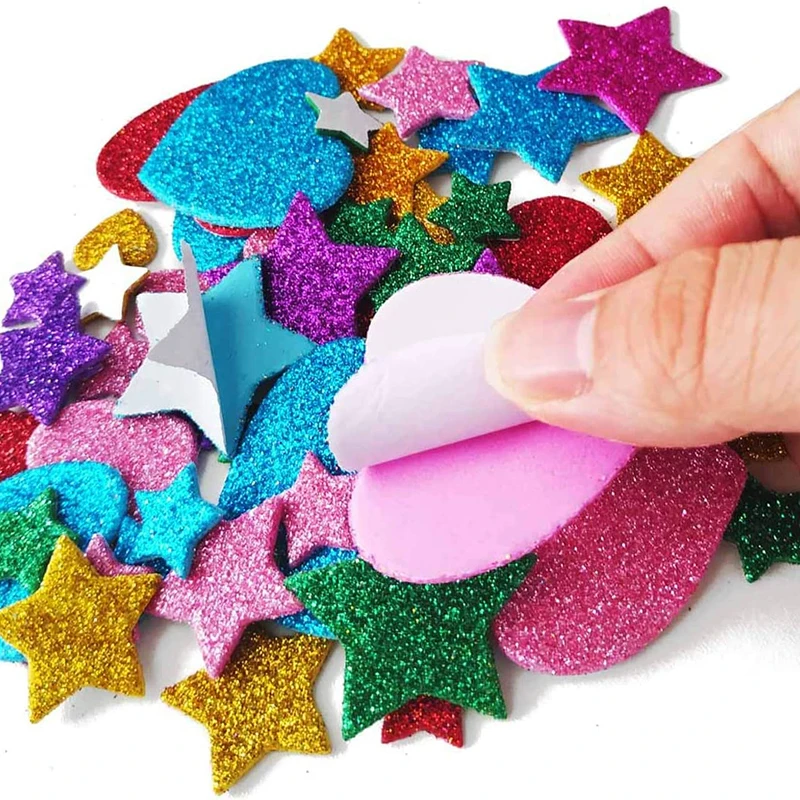 Colorful Glitter Foam Stickers - Self Adhesive Stars and Hearts for Kids' Arts and Crafts, Greeting Cards, and Home Decoration