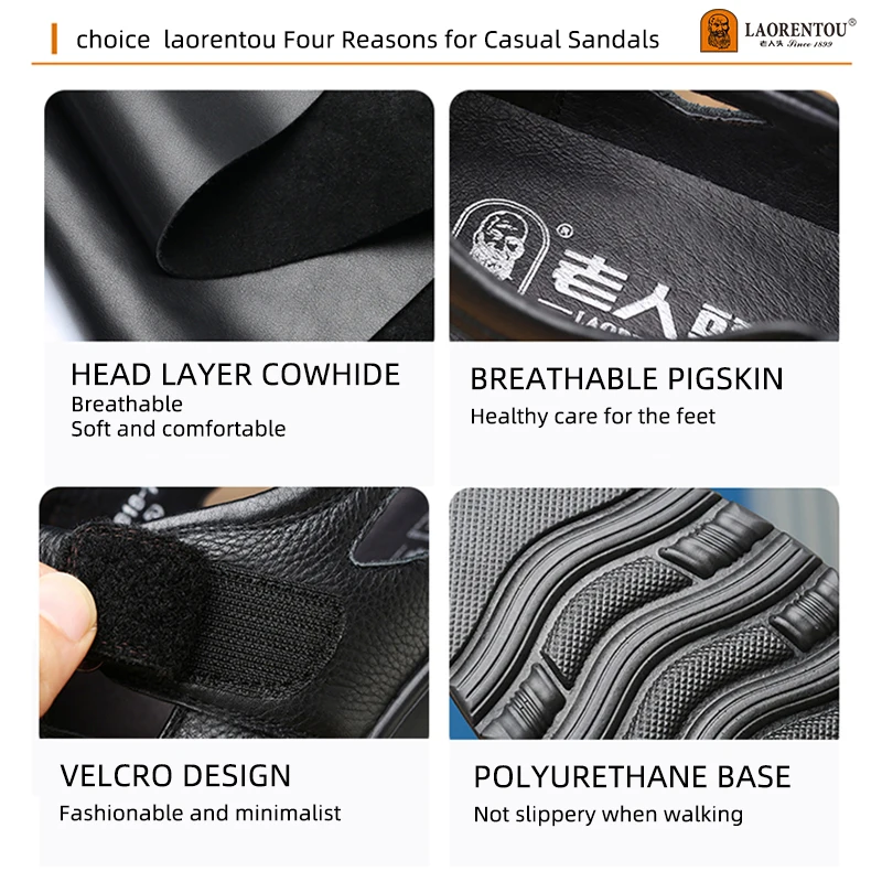 LAORENTOU genuine leather sandals, men's hollow and breathable perforated shoes, casual thick soled non slip leather shoes 2