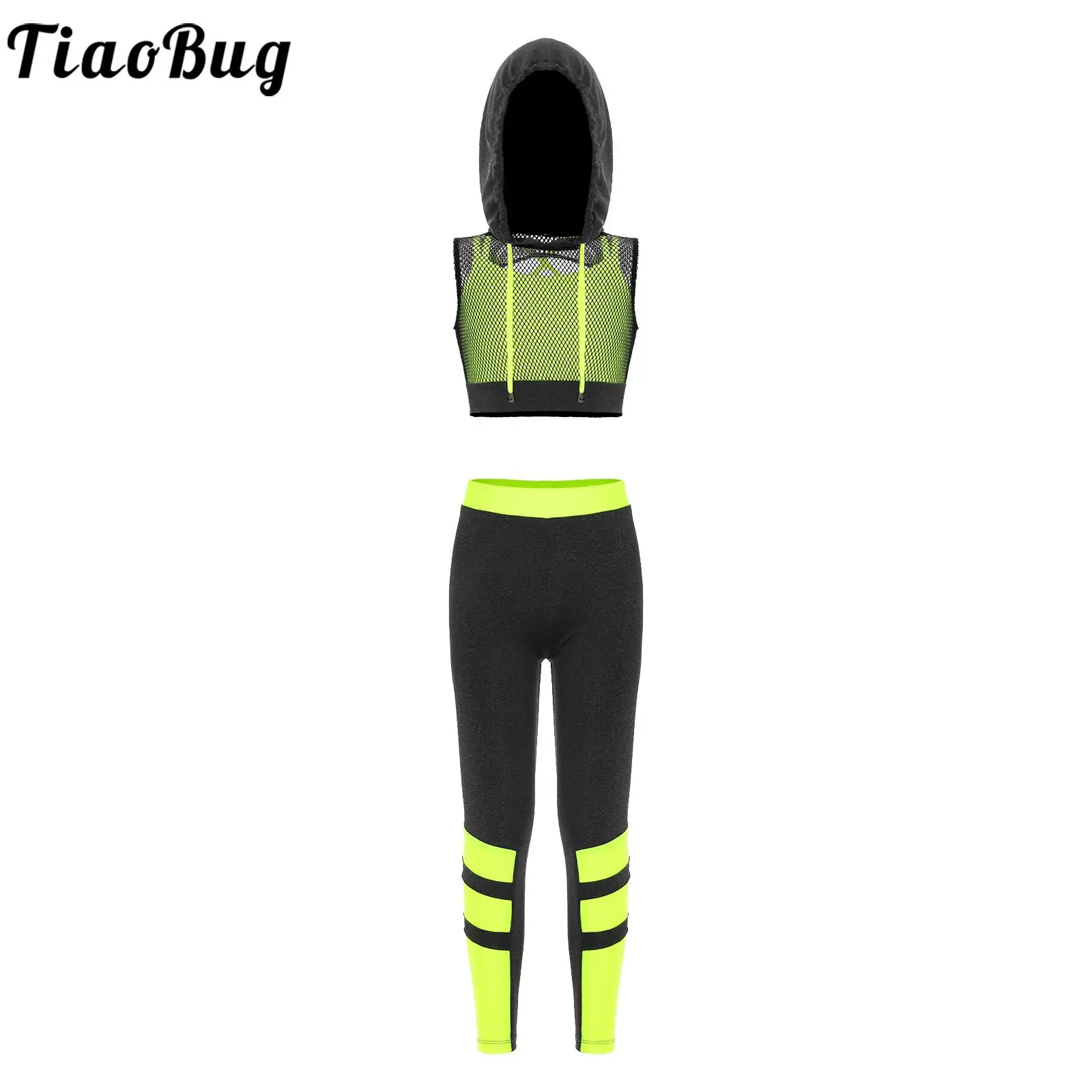 

Kids Girl Sport Three Piece Set Camisole Hooded Mesh Crop Vest And Elastic Waistband Long Leggings Suit for Dance Sports Fitness