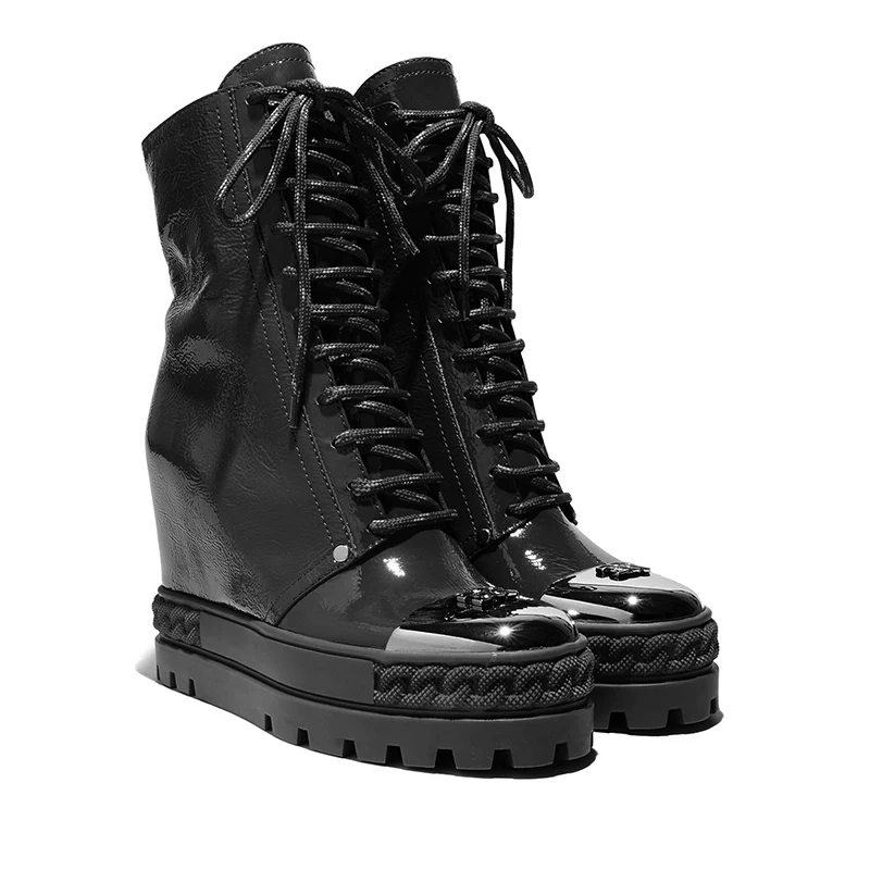 

Black thick platform sole inner height increased ankle boots patent leather round metal toe zipper roman boots high top sneakers