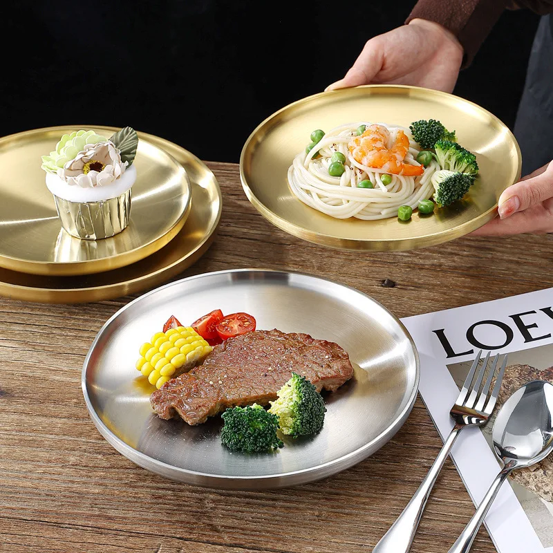 Gold double layer insulated 304 stainless steel plate plate flat bottom dining plate vegetable Korean style barbecue