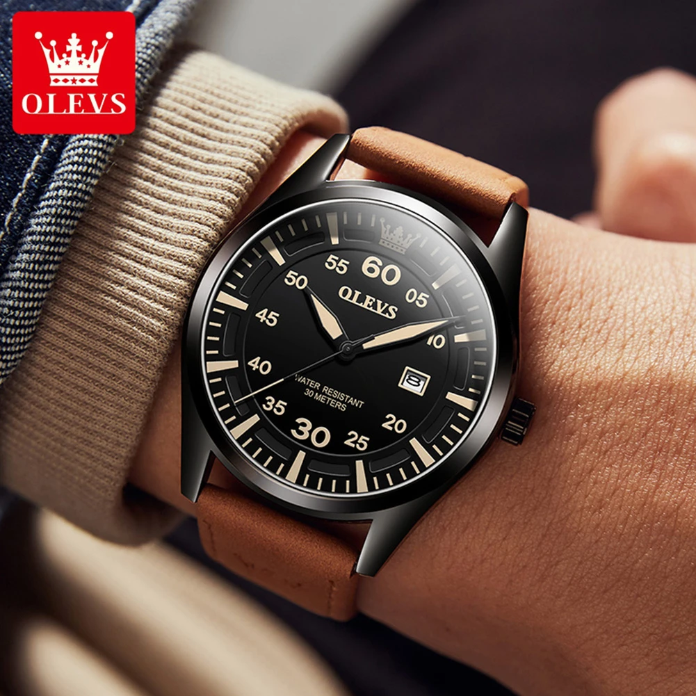 OLEVS 9962 Fashion Quartz Watch Gift Round-dial Genuine Leather Watchband Calendar 2
