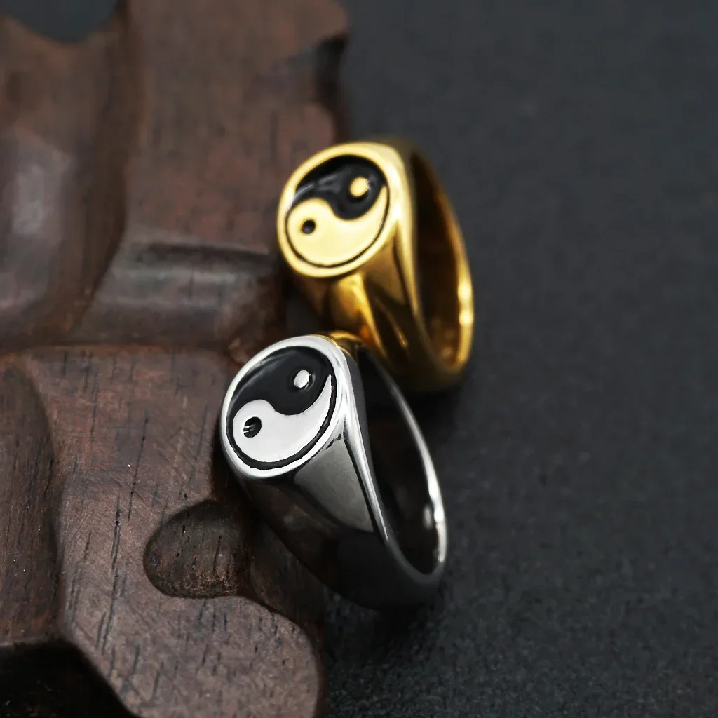 

CHUANGCHENG Chinese Vintage Fashion Oil Dripping Tai Chi Bagua Ring Punk Hip Hop Fashion Men's Stainless Steel Rings Size 7-13