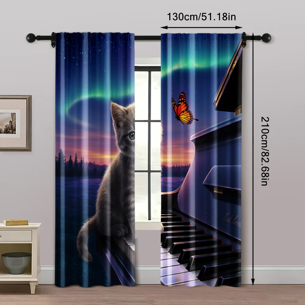 2pcs, Window Drapes Cat with butterfly on piano Protecting Privacy Festive Backdrops for Indoor Use bedroom decor 5