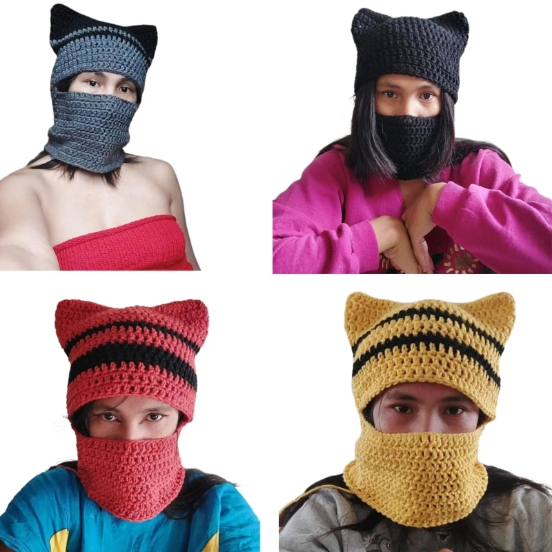 

Balaclava Neck Protect Hat with Devil Ear Decor Winter Knit Hat for Adult