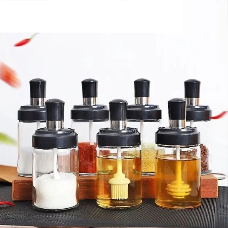 Spice Jar Spoon Cap Sealed Seasoning Bottle Glass Seasoning Bottle Container Salt Sugar Pepper Oliver Oil Storage Kitchen Tool