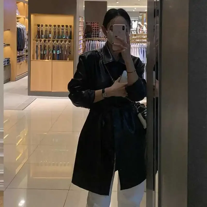 Black Leather Jacket Women's Mid-Length Waist-Cinching Slimming Windbreaker Autumn Season Fashionable Outerwear Coat