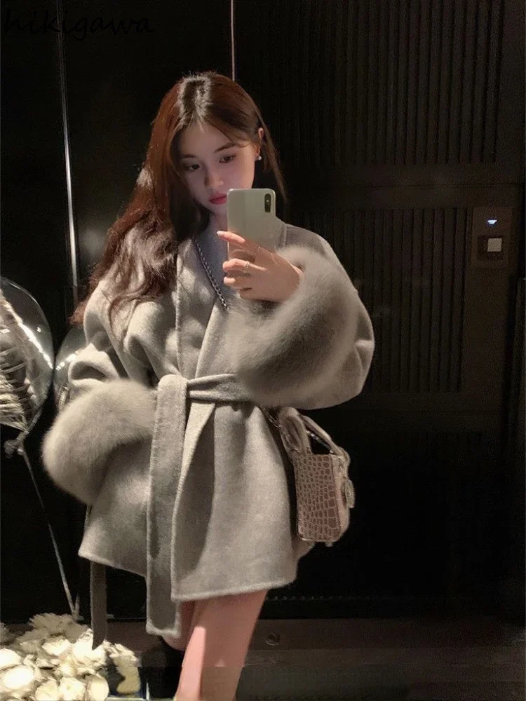 Fashion Coats for Women Patchwork Furry Long Sleeve Bandage Outwear Korean Y2k Clothing Korean Temperament Solid Color Jackets 3