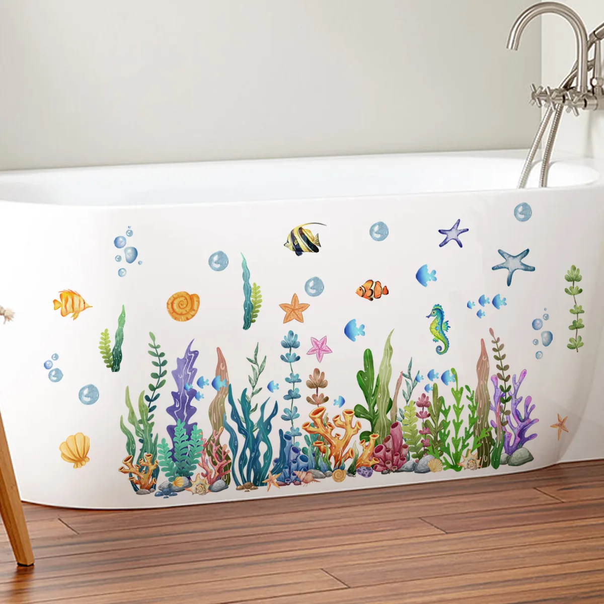 Ocean Sea Animals Fishes and Seaweed Coral Bathtub Sticker for Nursery Bathroom Shower Background Wall Self-Adhesive Decoration