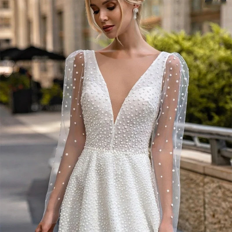 

Backless Zipper Bride Dress 2023 Deep V-Neck Beading Wedding Dresses Elegant Long Tulle Sleeves Sweep Train Vestido De Novia