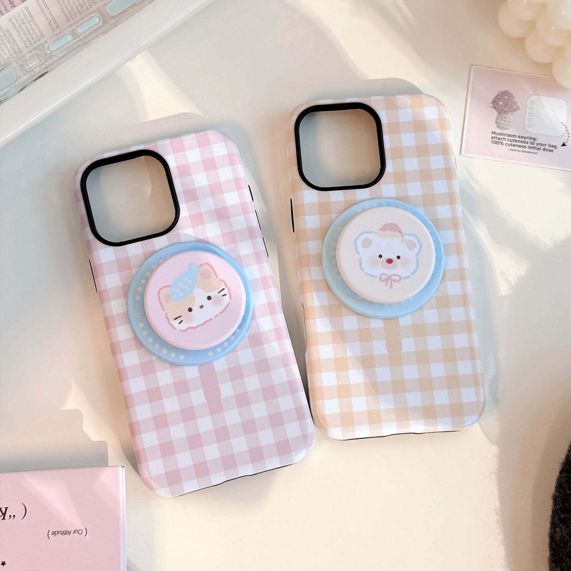 Korean Grid Pattern Cartoon Animals Magnetic Shockproof Phone Case Cover