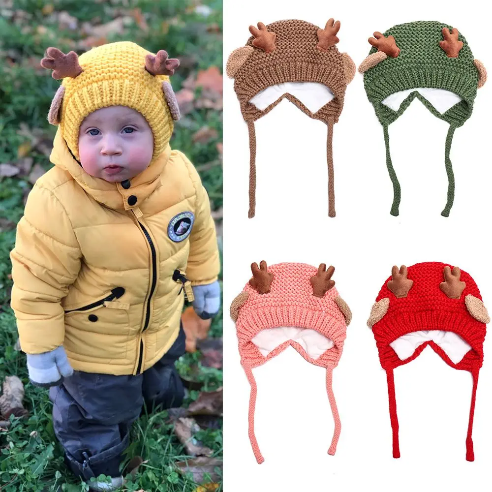 

Boys Girls Christmas Hats Handmade Thick Warm Fleece Lining Ear Warmer Knitted Cap Beanie Elk Antlers Hat